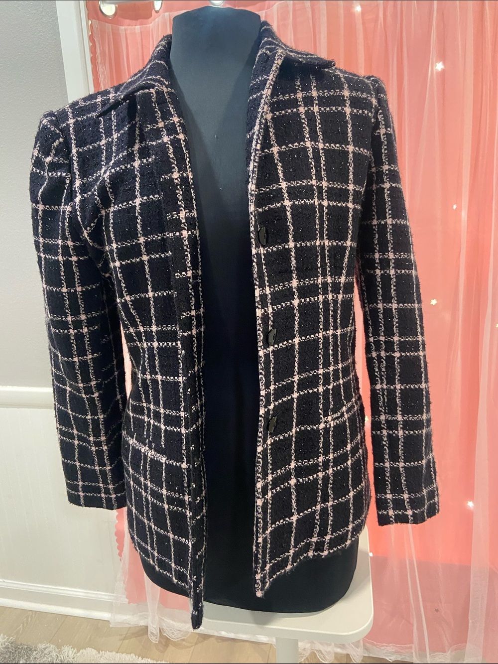 Sag Harbor Black Plaid Tweed Blazer with Ivory Grid